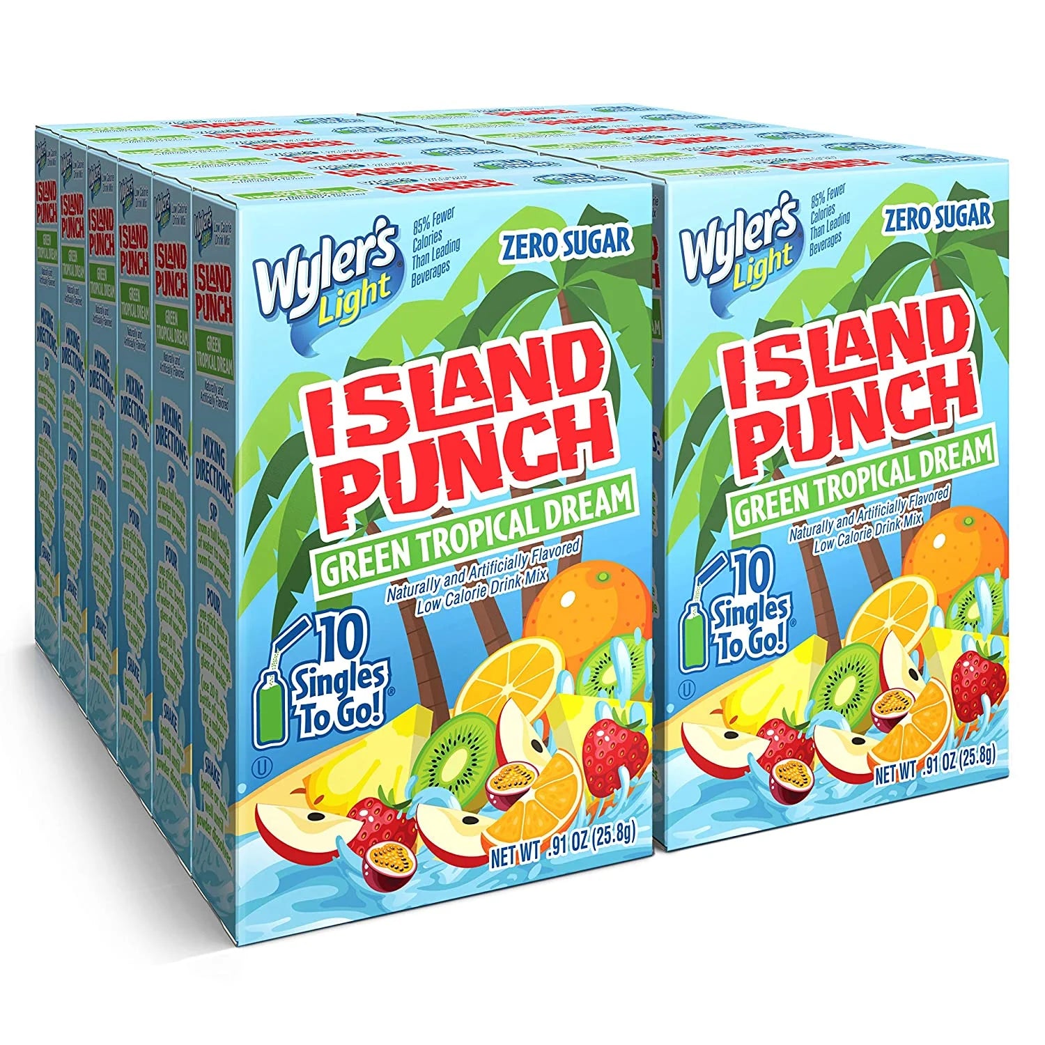 Front of Wyler's Island Punch Green Tropical Dream packaging showing vibrant design, tropical fruits, and 12 pack of Singles To Go with logo.