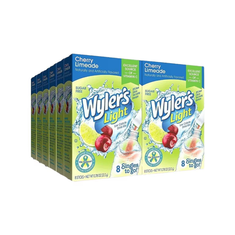 Front of Wyler's Cherry Limeade Singles To Go box featuring blue and green packaging with Cherry Limeade label and 12 pack quantity (266.4g)