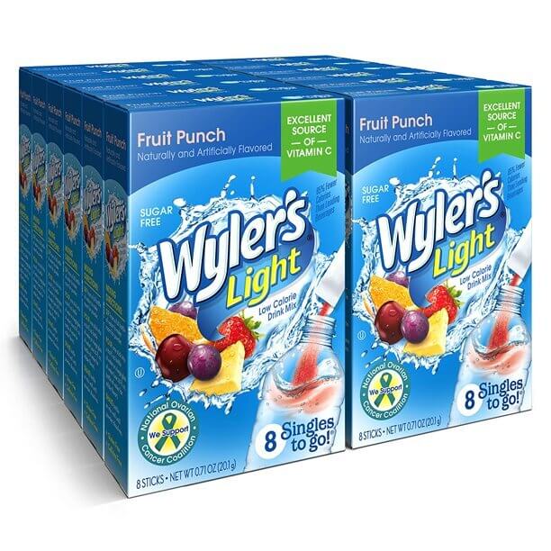 Front of Wyler's Fruit Punch Singles To Go box featuring the logo, vibrant fruit imagery, and text indicating sugar-free and drink mix format (12 pack)