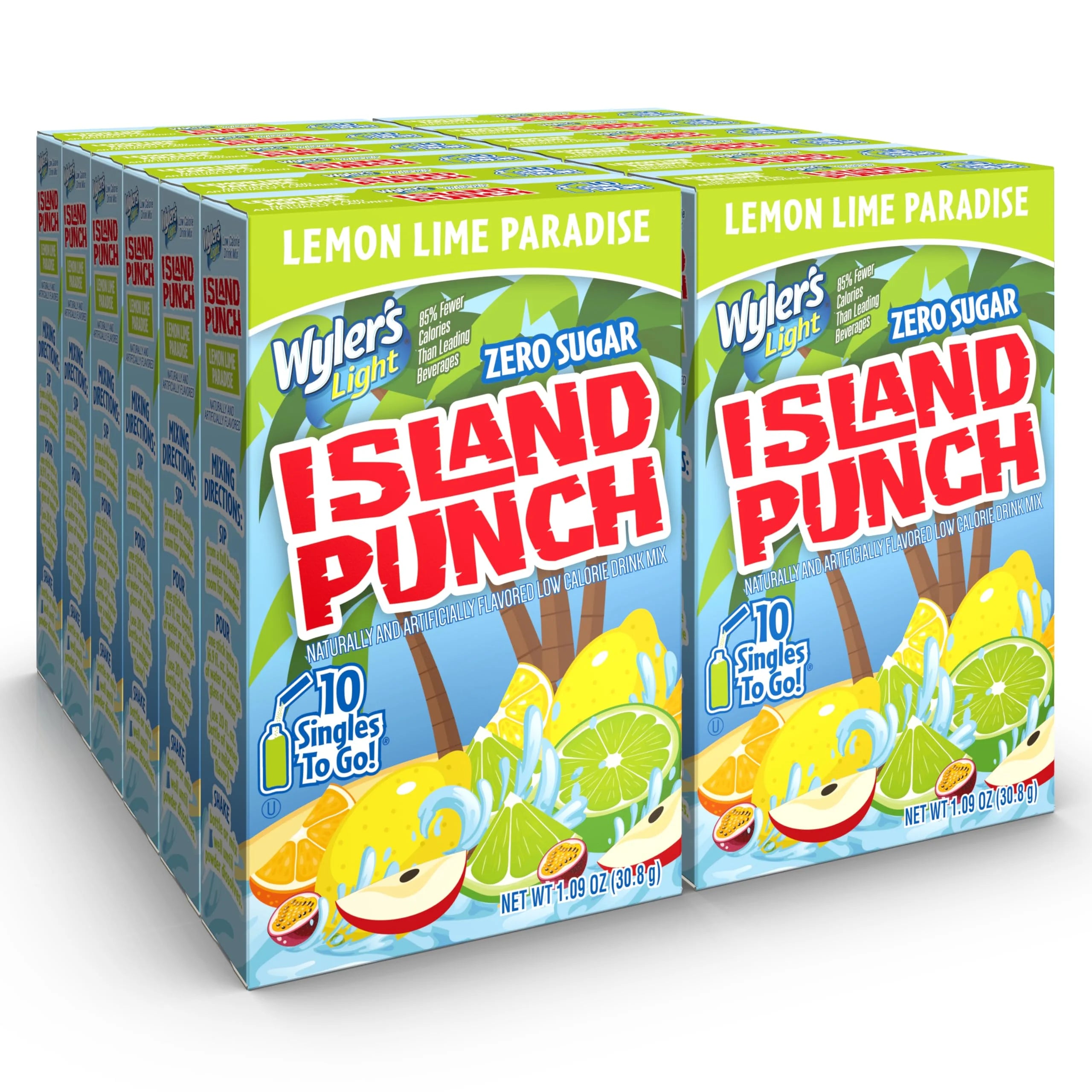 Front of Wyler's Island Punch Lemon Lime Paradise box showing brand logo, zero sugar label, and image of tropical fruits (12 pack)