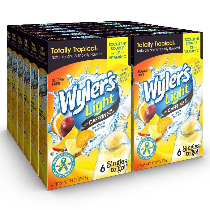 Front of Wyler's Totally Tropical Energy Singles to Go box showing vibrant yellow packaging with tropical fruit images and logo, 12 pack of drink mixes (216g)