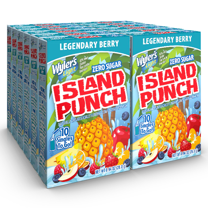 Front of Wyler's Island Punch Legendary Berry Singles To Go box showing vibrant packaging, logo, and fruity imagery (12 Pack)