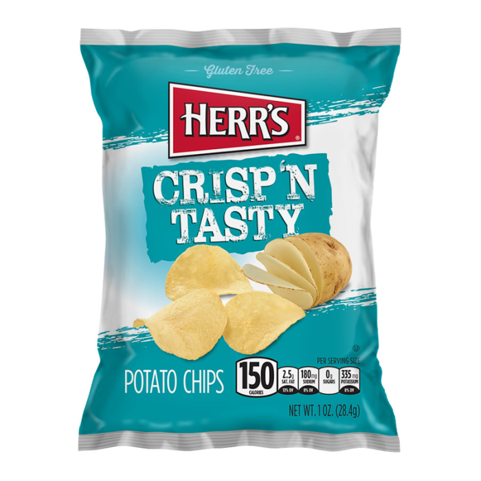 Front of Herr's Crisp'n Tasty Potato Chips bag featuring the bold logo, images of potato chips and a potato, along with the 28.4g size label.