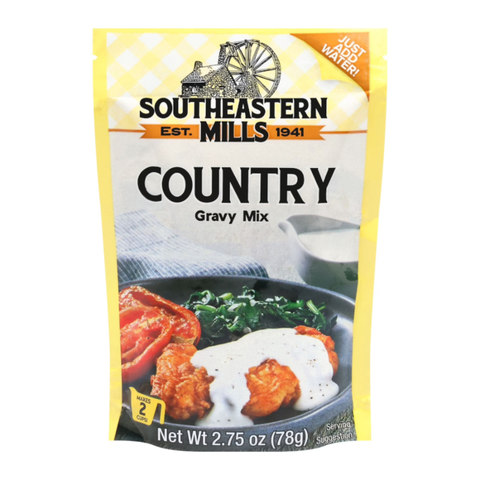 Front of Southeastern Mills Country Gravy Mix packaging, featuring yellow graphics, country-style label, and serving suggestion (78g pack)