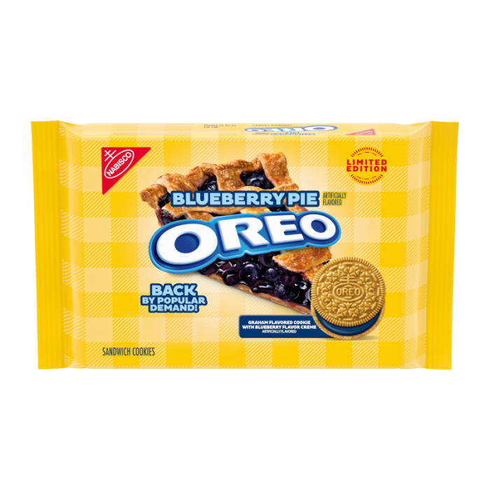 Front of Oreo Blueberry Pie Limited Edition pack showing a blue logo, blueberry pie imagery, and yellow checkered background (303g)