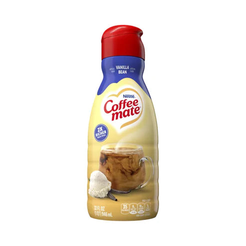 Front of Coffee-Mate Vanilla Bean Liquid Creamer bottle showing brand logo, vanilla bean flavour label, and 946ml pack size