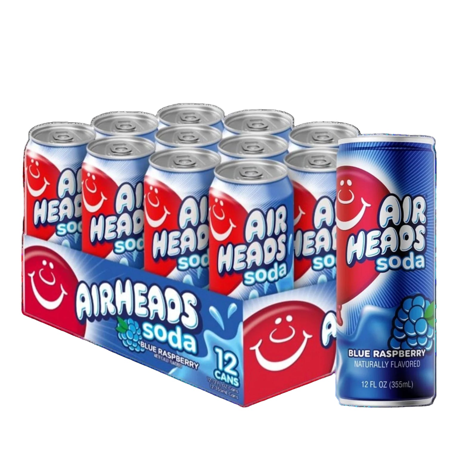 Front of a 12 pack of Airheads Soda Blue Raspberry cans, featuring the logo, flavour name, and vibrant packaging details.