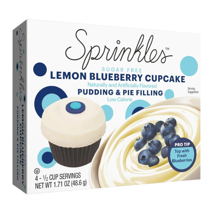 Front of Sprinkles Sugar Free Lemon Blueberry Cupcake Pudding Mix box showing brand logo, lemon blueberry flavour, and 48g pack size.