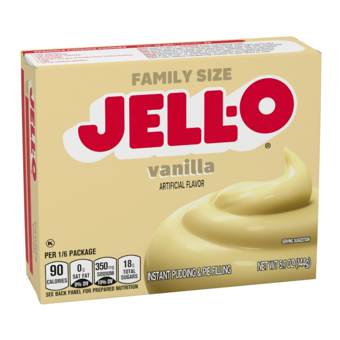 Front of Jell-O Vanilla Instant Pudding Mix box with logo and creamy pudding image (144g pack)