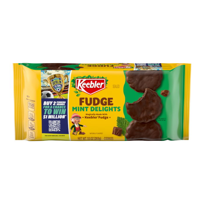 Front of Keebler Fudge Mint Delights package featuring green and yellow design with fudge covered mint cookies (283g)