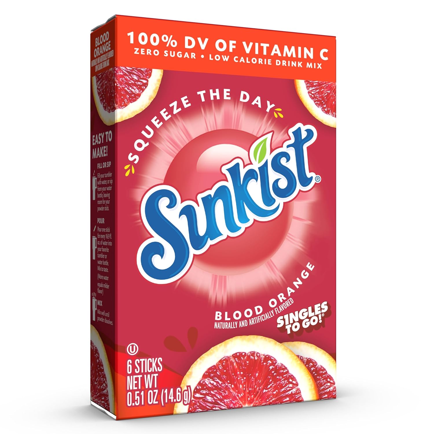 Front of Sunkist Blood Orange Singles to Go box showing bright red design, logo, and details of six sticks (14.6g total)