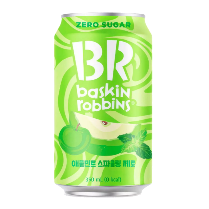 Front of a Baskin Robbins Apple Mint Sparkling Zero Sugar can showing green design, apple mint flavour text, and 350ml pack size