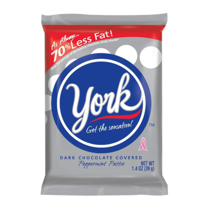Front of York Dark Chocolate Covered Peppermint Pattie pack showing bold blue logo, dark chocolate covered peppermint label, and 39g net weight.