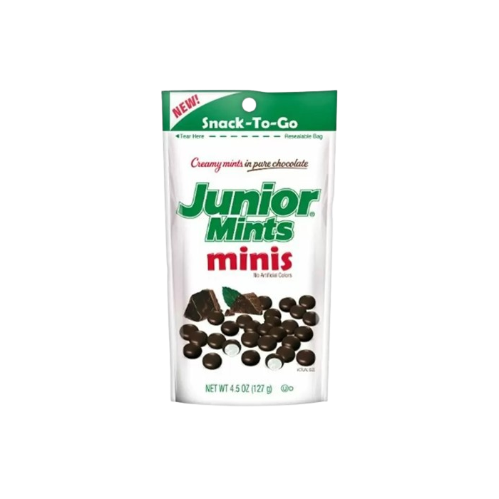 Front of Junior Mints Minis bag displaying the logo, creamy mints in pure chocolate design, and packaging details (128g)