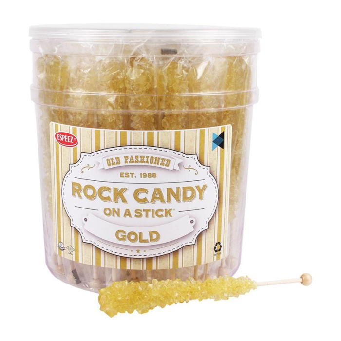 Front of Espeez Rock Candy on a Stick Gold tub showing logo, golden rock candy, and stick (23g pack)