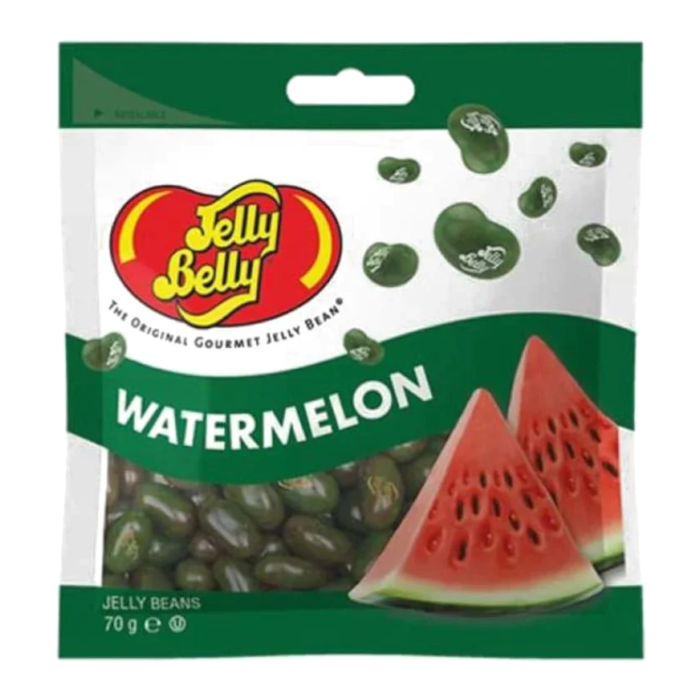 Front of Jelly Belly Watermelon Jelly Beans packet displaying logo, watermelon flavour label, and image of jelly beans (70g pack)