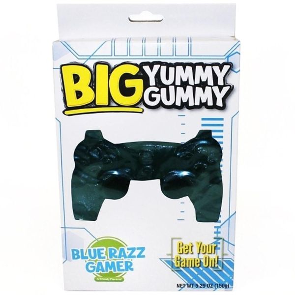 Front of BIG YUMMY GUMMY Blue Razz Gamer packaging showing blue raspberry gummy in a fun shape, with the brand name and product title (150g pack)