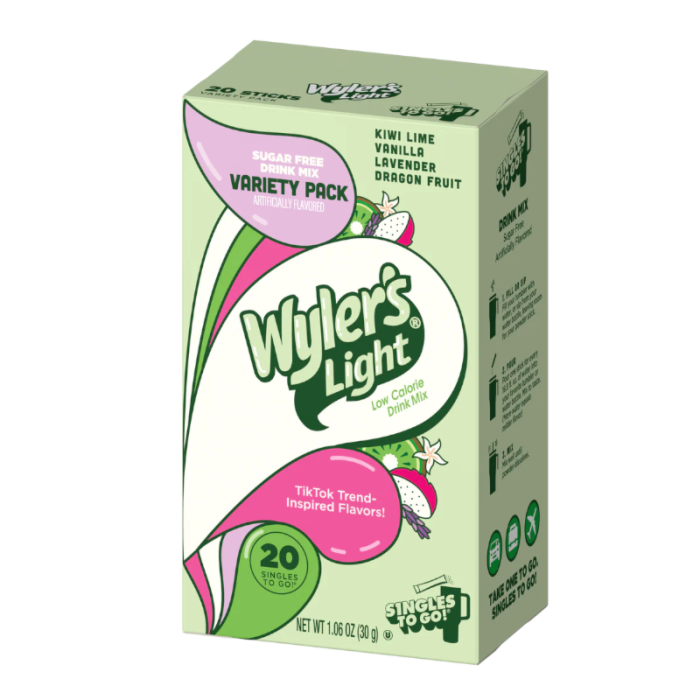 Front of Wyler's Light TikTok Variety Pack Singles To Go box showing logo, sugar-free claim, and a variety of drink mix flavours (30g, 20 pack)