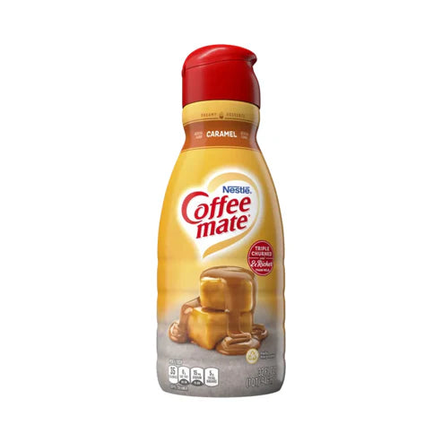 Front of Coffee-Mate Caramel Liquid Creamer bottle showing caramel flavour label and pack size of 946ml.