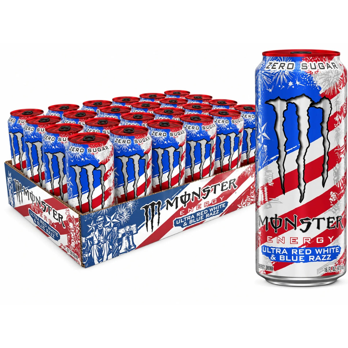 Front of Monster Energy Ultra Red White & Blue case showing logo, vibrant red, white, and blue design, and 24 x 473ml cans