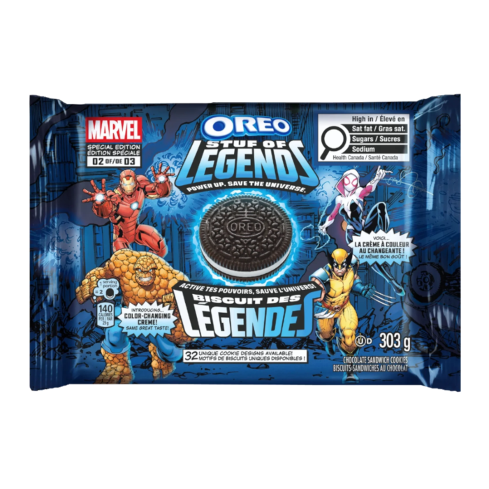 Front of Oreo Marvel Stuf Of Legends Sandwich Cookies package showing vibrant Marvel graphics, chocolate cookies, and colour-changing cream label (303g pack)