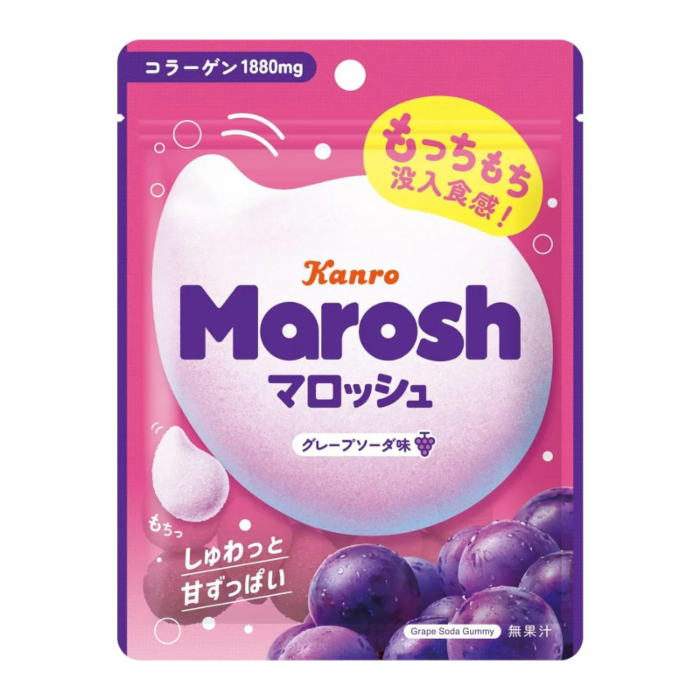 Front of KANRO Marosh Gummy Marshmallow Grape Soda Flavour pack showing purple logo, grape soda flavour label, and images of purple grapes (50g pack)