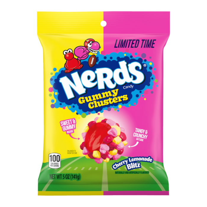 Front of Nerds Limited Edition Cherry Lemonade Blitz Gummy Clusters bag showing bright packaging, logo, and candy details (141g pack)