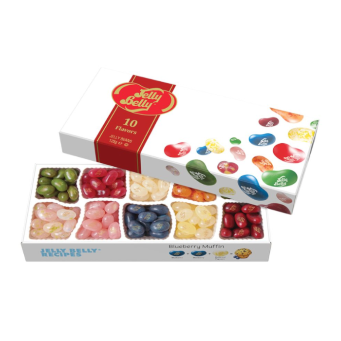Front of Jelly Belly 10 Flavour Gift Box showing assorted colourful jelly beans and brand logo (125g)