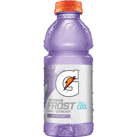 Front of Gatorade Riptide Rush bottle featuring the logo, purple drink, and 591ml size, designed for thirst quenching.