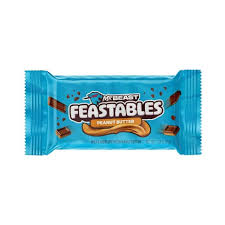 Front of Mr Beast Feastables Peanut Butter wrapper showing blue packaging with product name and peanut butter imagery (35g)
