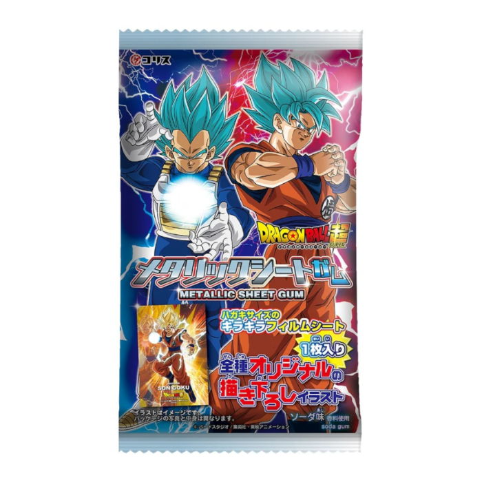 Front of Dragon Ball Super Metallic Sheet Soda Gum package featuring vibrant characters Goku and Vegeta, with product title and colourful design.