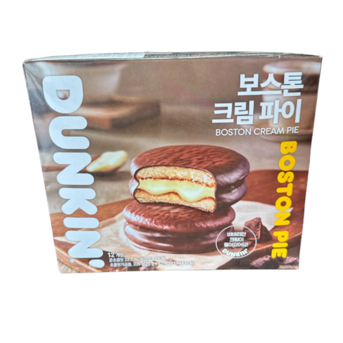 Front of Dunkin' Boston Cream Pie box showing the logo, images of the cream-filled pies, and 336g pack size.