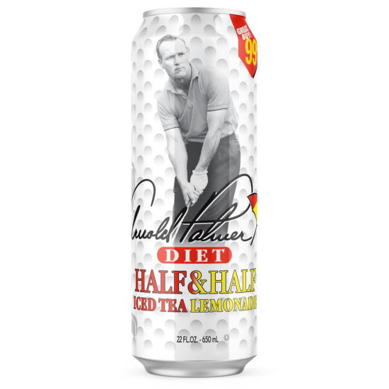 Front of Arizona Arnold Palmer Diet Half & Half Iced Tea Lemonade can featuring logo and design elements, with 650ml volume clearly indicated.