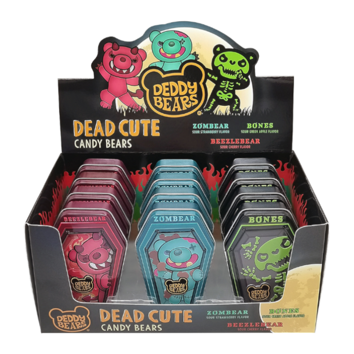 Front of Deddy Bears Dead Cute Candy Bears Tin showing vibrant colours, fun graphics, and the product title with a 34g size label.