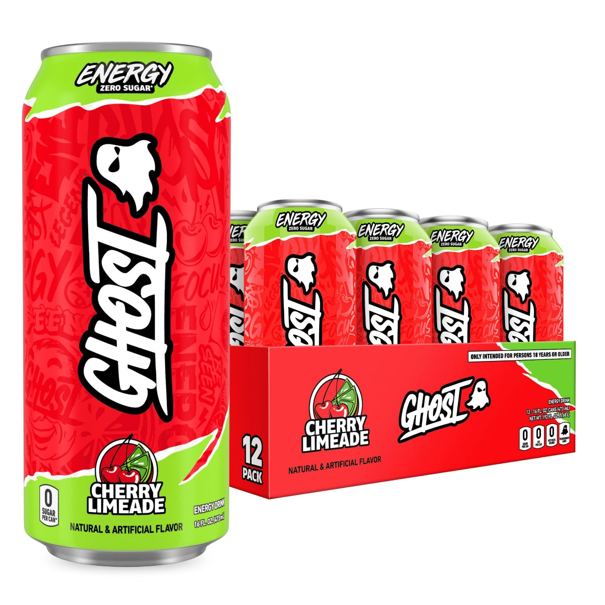 Front of Ghost Cherry Limeade Energy Drink can showing red and green design, logo, and 473ml size in a 12 pack.
