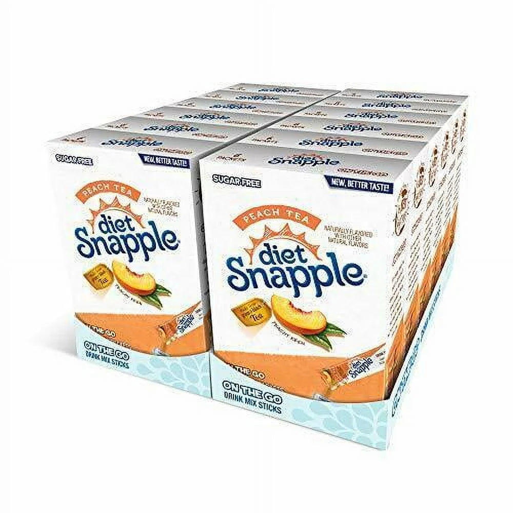 Front of Snapple Peach Tea Singles To Go box showing Snapple logo, peach tea flavour label, and pack size of 12 (244.8g total)