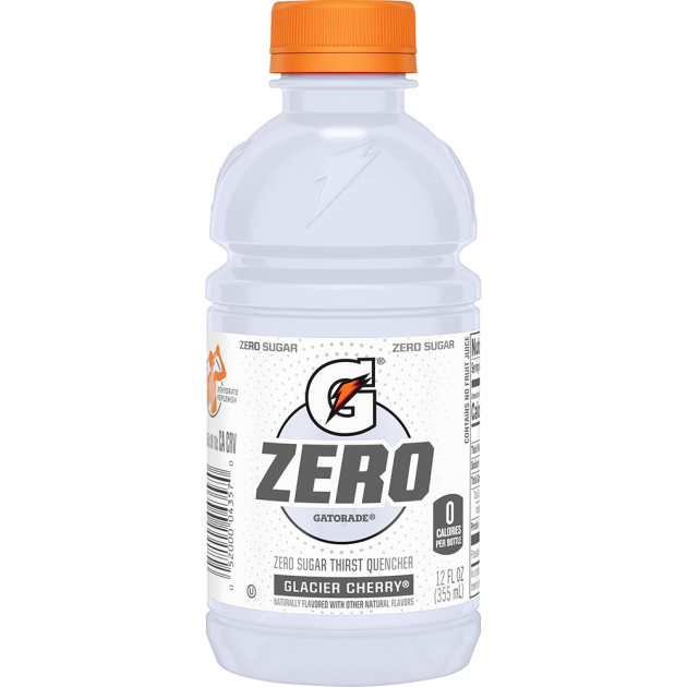 Front of Gatorade Zero bottle showing bold logo, Glacier Cherry flavour label, and details of zero sugar and zero calories (355ml pack)