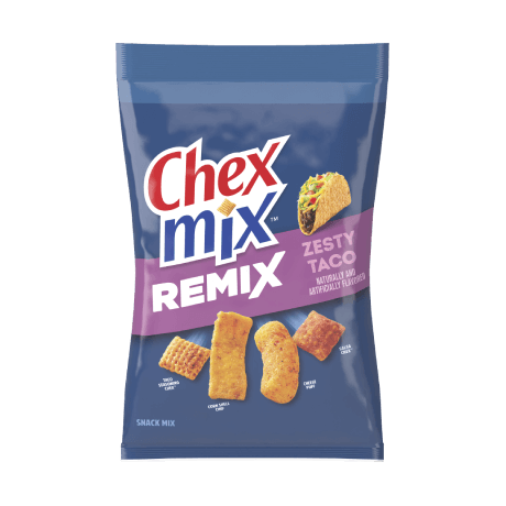Front of Chex Mix Remix Zesty Taco bag showing the brand logo, zesty taco flavour text, and various snack shapes (120g pack)
