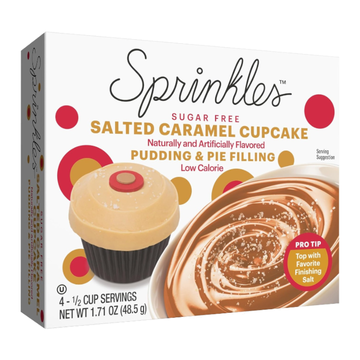 Front of Sprinkles Sugar Free Salted Caramel Cupcake Pudding Mix box featuring the logo, salted caramel cupcake flavour, and 48g pack size