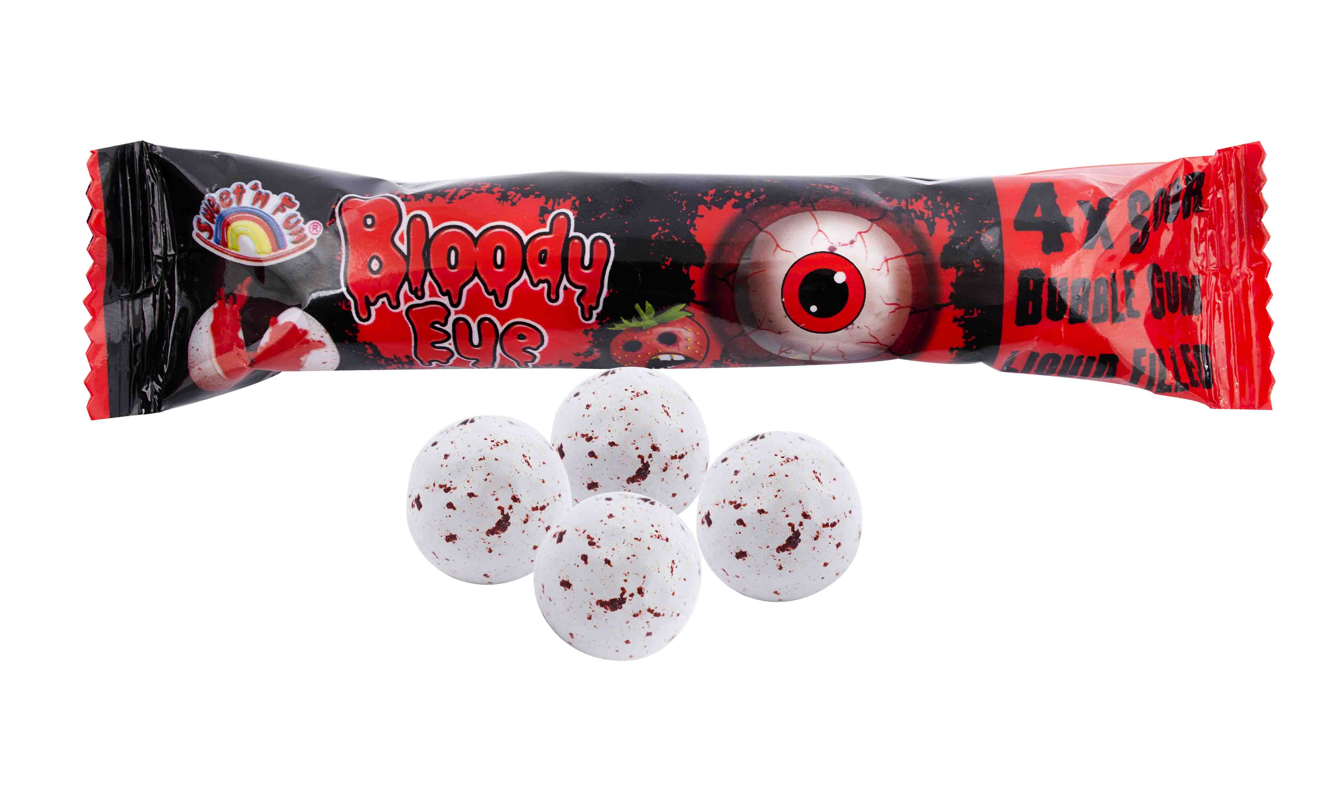 Front of Bloody Eye Bubble Gum 4 Pack showing red and black packaging with eye graphic, featuring white bubble gum balls with red speckles (20g pack)