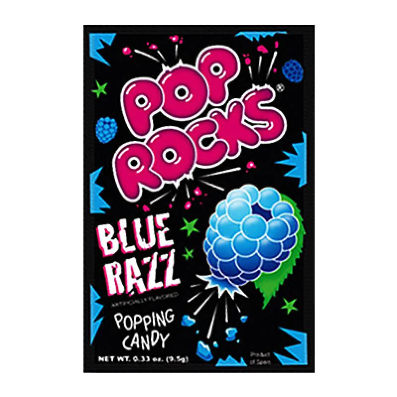 Front of Pop Rocks Blue Razz Popping Candy pack featuring bright blue raspberry graphics and logo (0.33 oz pack)