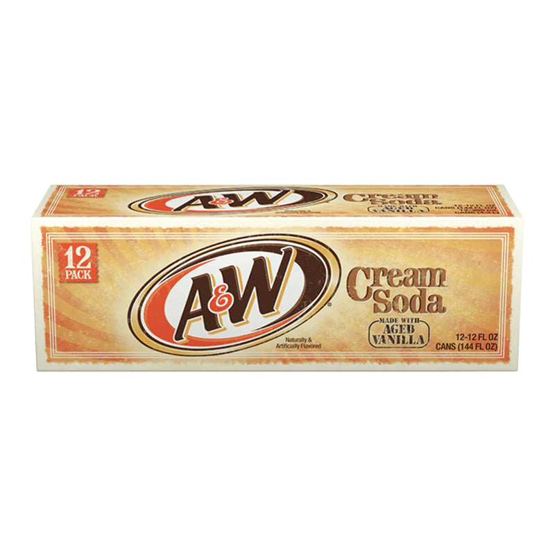 Front of A&W Cream Soda box showing logo, flavour label, and 12-pack size (355ml x12)
