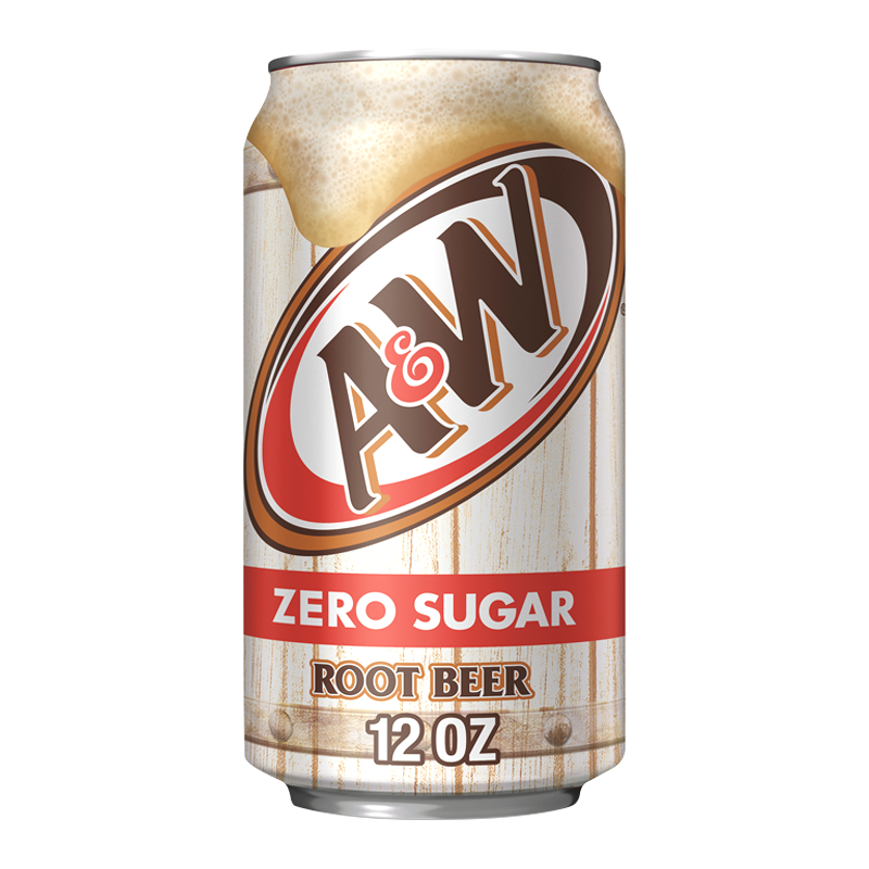 Front of A&W Zero Sugar Root Beer can showing logo, zero sugar label, and root beer flavour (355ml can)