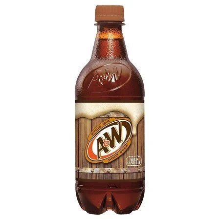 Front of A&W Root Beer bottle featuring the brand logo, rich brown colour, and smooth vanilla notes (591ml pack)