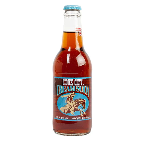 Front of Sioux City Cream Soda bottle showing blue and red label with logo and cowboy image, 330ml pack size