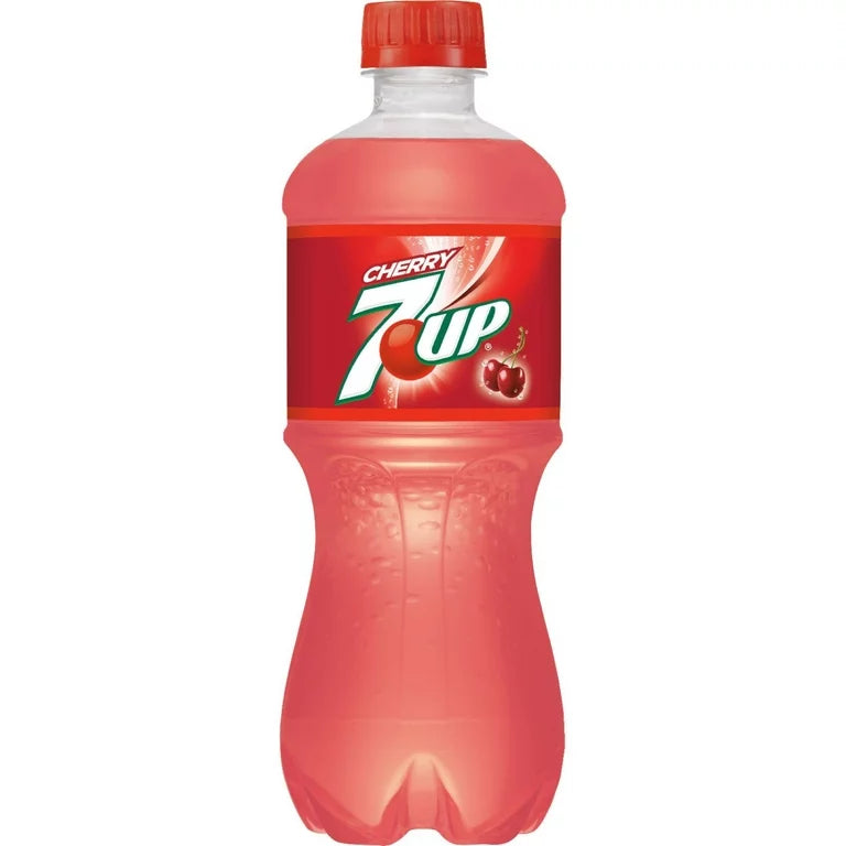 Front of a 7up Cherry USA bottle showing the logo, cherry flavour label, and vibrant red liquid (591ml)