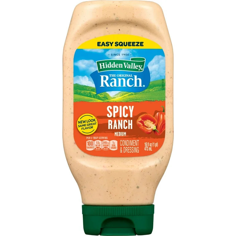Spicy Ranch dressing bottle with Hidden Valley branding on a white background
