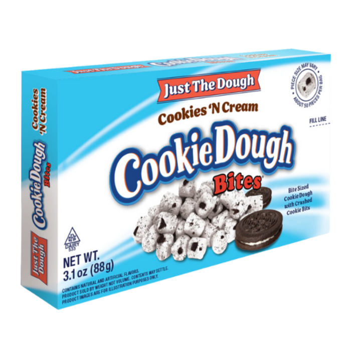 Front of Just The Dough Cookie Dough Bites Cookies 'N Cream Theatre Box showing logo, cookie dough bites, and pack size (88g)