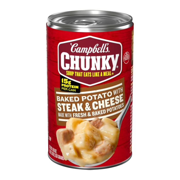 Front of Campbell's Chunky Baked Potato with Steak and Cheese Soup can showing bold red label, steak and cheese flavour, and 533g pack size.