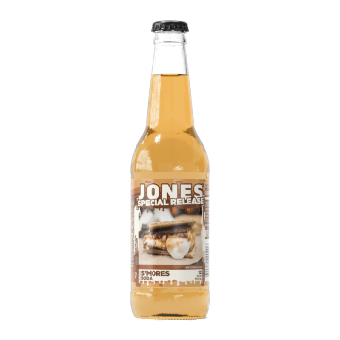 Front of a bottle of Jones Soda Special Release S'mores Soda showing the logo, flavour description, and an image of s'mores (355ml)